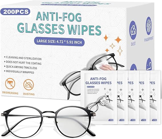 [200 Pack] Anti Fog Wipes for Glasses, Large Glasses Cleaner, Lens Wipes for Eyeglasses, Pre-Moistened Individually Wrapped Cleaning Wipes, Eyeglasses Cleaner Wipes for Camera Phone (4.72 * 5.91 inch)