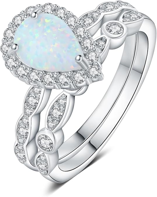 JewelryPalace Classic Pear Cut 2.5ct Created Opal Halo Engagement Rings for Women, Infinity 925 Sterling Silver 14k White Rose Yellow Gold Plated Promise Ring for Her, Twisted Wedding Bands Bridal