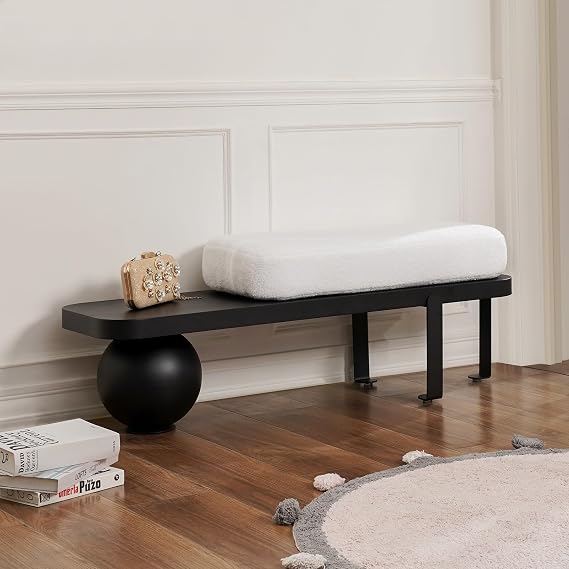 homary 47.2" Modern Entryway Bench, Black Wooden Boucle Upholstered Bench with Abstract Metal Legs, Lambswool Cushioned Seating for Entryway, Bedroom or Living Room