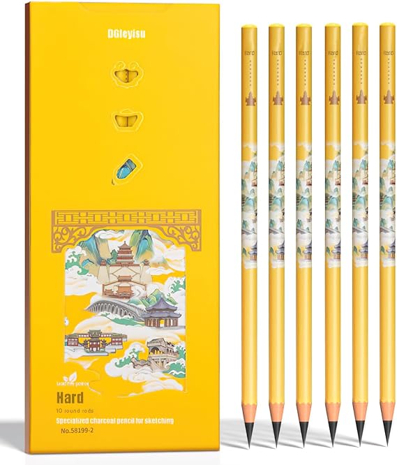 Professional Charcoal Pencils Set for Sketching, 10 Pieces per Box, Soft Medium Hard Carbon