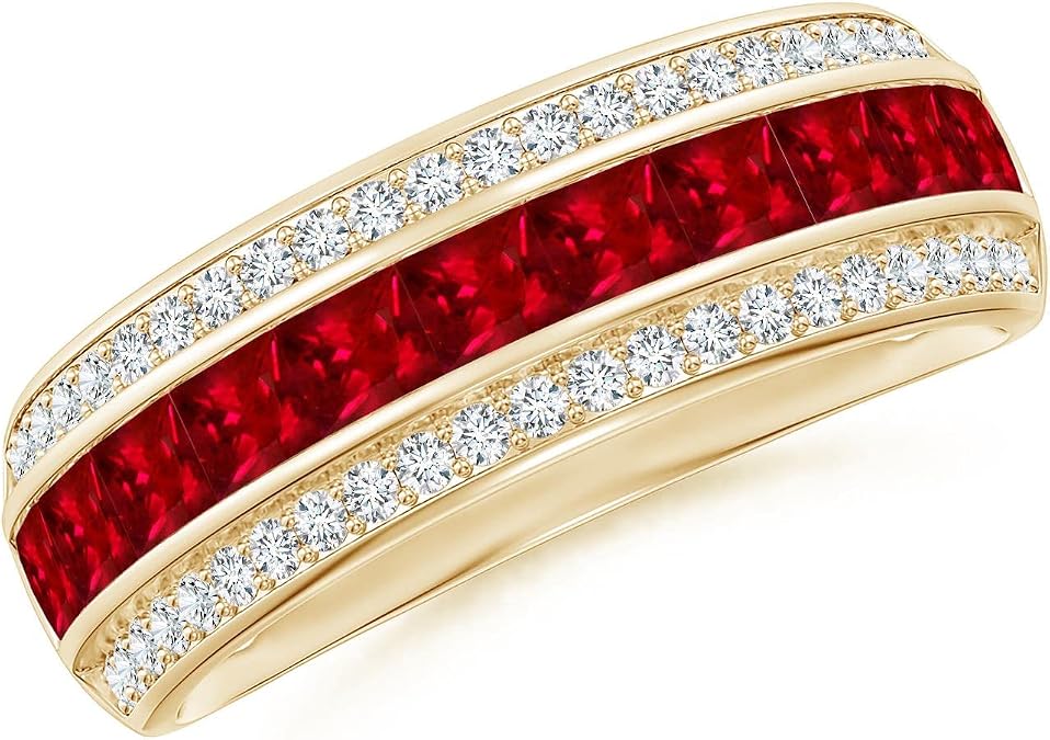 Angara Channel-Set Square Ruby and Diamond Half Eternity Band in 14K Solid Gold/Platinum | Natural Ruby Stackable Ring for Women | July Birthday, Anniversary, Gemstone Jewelry Gift