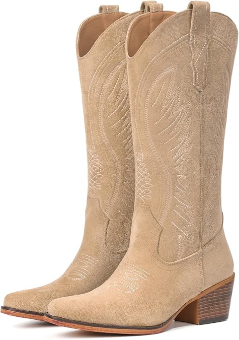 Suede Cowboy Boots for Women Mid-Calf Embroidery Cowgirl Boots Retro Snip Toe Western Boot with Chunky Heel Black and Brown Women Boot