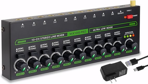 10 Channel Mixer, Compact Mini Mono/Stereo Audio Mixer Line Mixer for Sub-Mixing, Ultra-low Noise 6.35mm 1/4" TRS Input/Output, 5V/2A Sound Mixer for Mics/Keyboards Mixer/Guitars/Bass/Stage