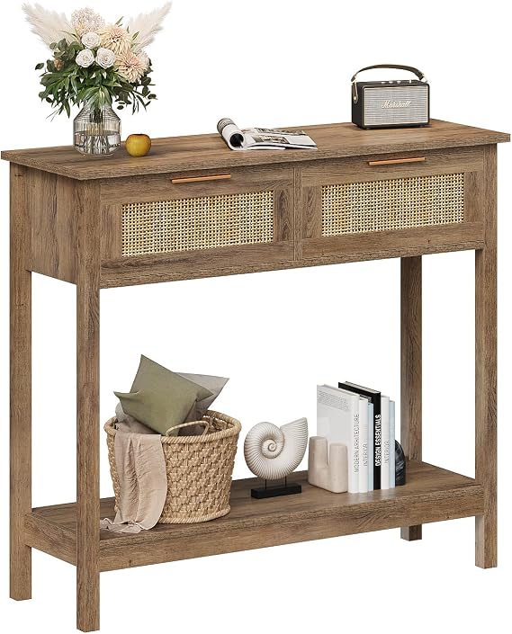 Trironsun Boho Rattan Console Table with 2 Drawers 2 Tier Entryway Table Farmhouse Wood Sofa Table with Open Storage Shelf for Living Room Hallway Foyer (Caramel Oak)