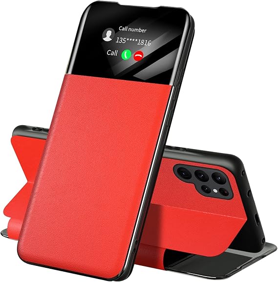 Flip Cover for Samsung Galaxy S22/S22 Plus/S22 Ultra, Leather Case S View Tap Control Smart Wake-Up Magnetic Book Folio Kickstand Protective Phone Case (Color : Red, Size : S22 6.1'')