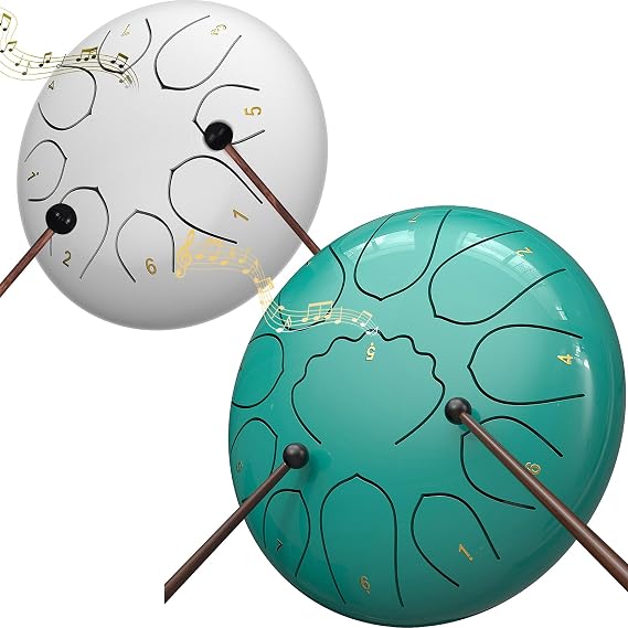 Rain Drum for Outside Garden, 8 Inch/6 Inch Steel Tongue Chakra Drum, Waterproof Rain Chime Meditation Drum, Musical Instruments for Gift (White/Lake Blue)