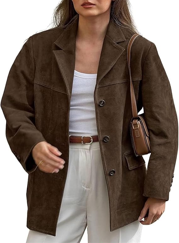 Chic Brown Suede Jacket with Lapels for Women Aesthetic Y2k Pocket Long Sleeve Faux Leather Jacket Coat Outerwear Streetwear