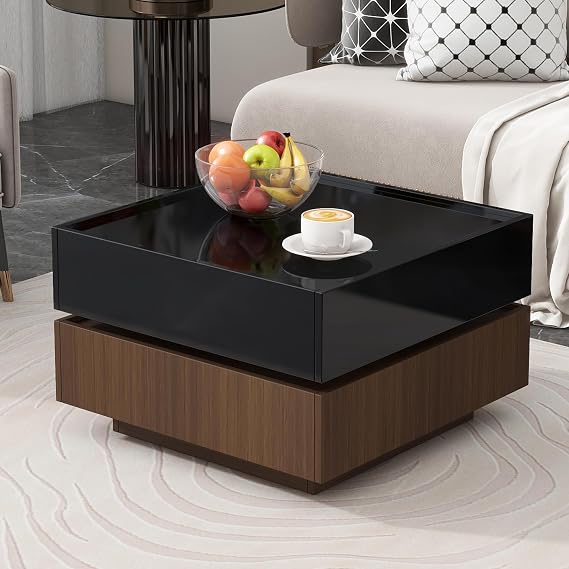 Multi Functional Square 360Rotating Coffee Table with 2 Drawers, High Gloss 2 Tier Center Table with Swivel Tabletop and Storage, Walnut Table e Side Table for Living Room, Black