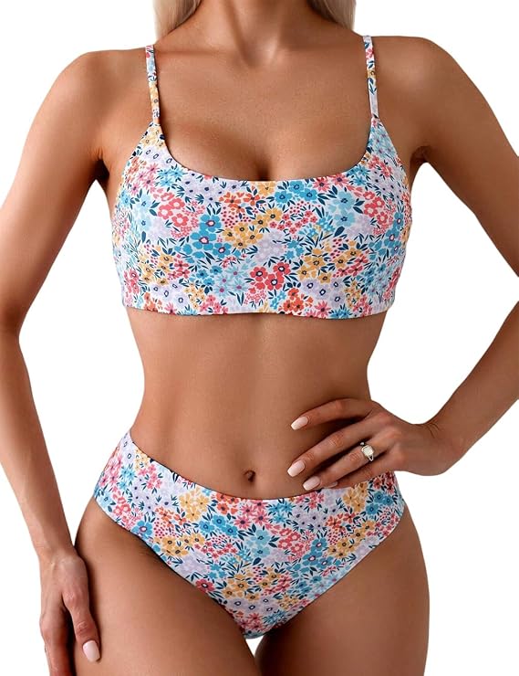 YIMISAN Women's Two Piece Swimsuit Floral Print Bikini Sets Spaghetti Straps Scoop Neck Mid Waist Cheeky Bathing Suit
