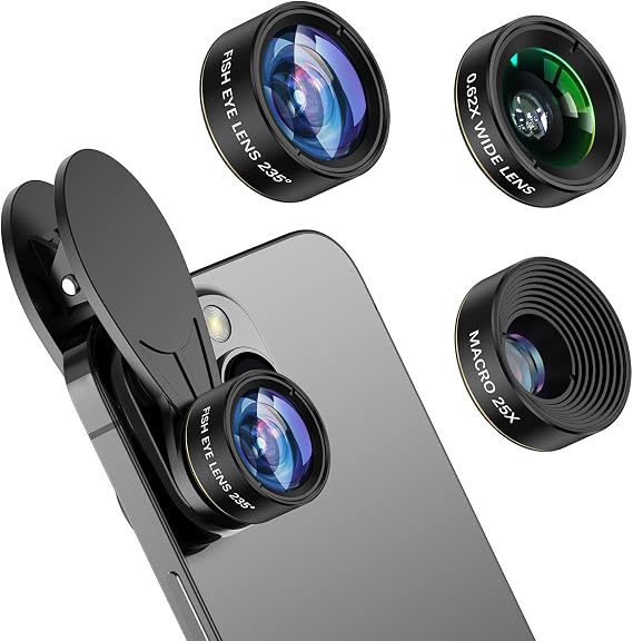 3-in-1 Smartphone Camera Lens Kit 0.62 Wide Angle + 25 Macro + 235 Fisheye, Universal Clip-On Lens for iPhone/Samsung/Android Phones, Travel & Vlog Friendly