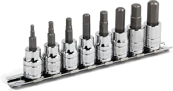 Powerbuilt Hex Bit Socket Set, 8 Piece, 3/8 Inch Drive Metric, Sizes 3-10mm, Ball End Sockets, Storage Rail - 642405, Silver