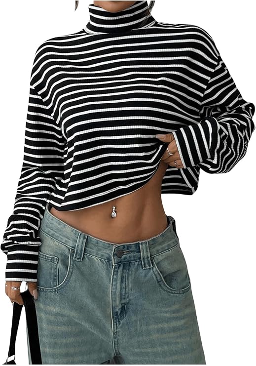WDIRARA Women's Striped Crop T-Shirts Turtle Neck Long Sleeve Tee Tops