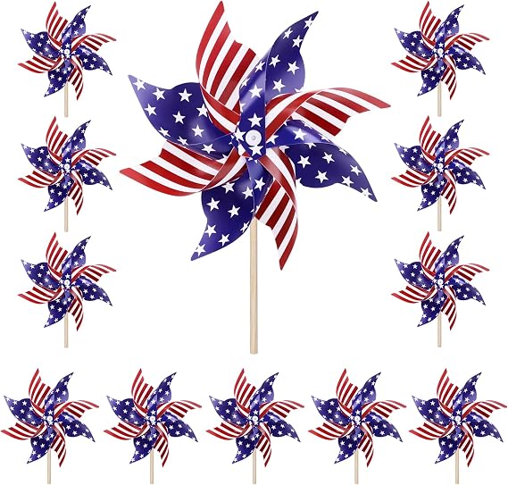 12 Pack 4th of July Decorations Outdoor Pinwheels, Patriotic Decor Red White and Blue Decorations Wind Spinner for Yard Garden,Independence Day, Memorial Day, Veteran's Day