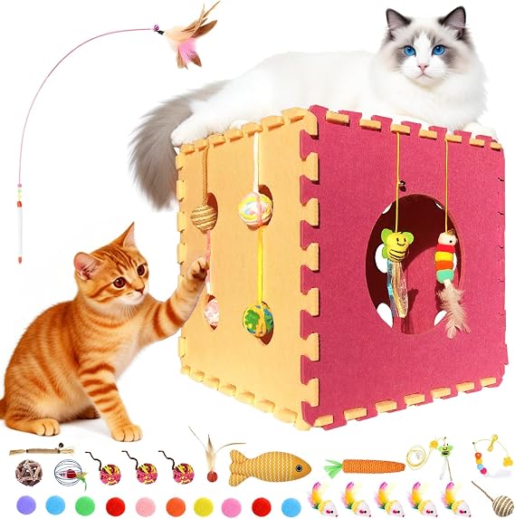Larger-Size Interactive Cat Toys for Indoor Cats, Kitten Toys, Catnip Toys, Cat Wand, Feather Wand, Bells & Balls for Indoor Cats,30 Pcs Puzzle Box with Cooling Mat