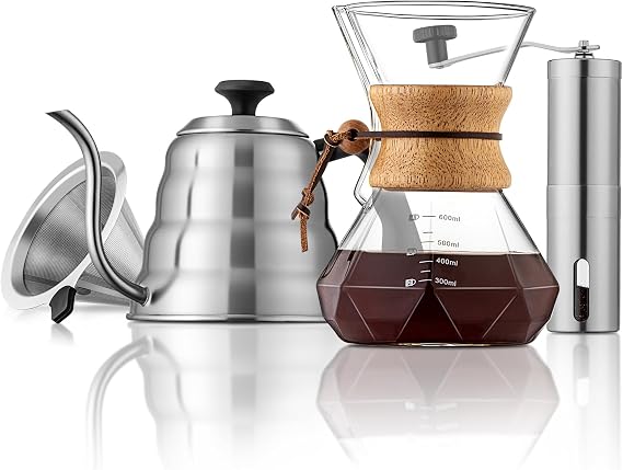 Pour Over Coffee Maker Set 40oz Gooseneck Kettle with Thermometer, Coffee Grinder & 20oz Drip Coffee Maker Stainless Steel Pour Over Coffee Set