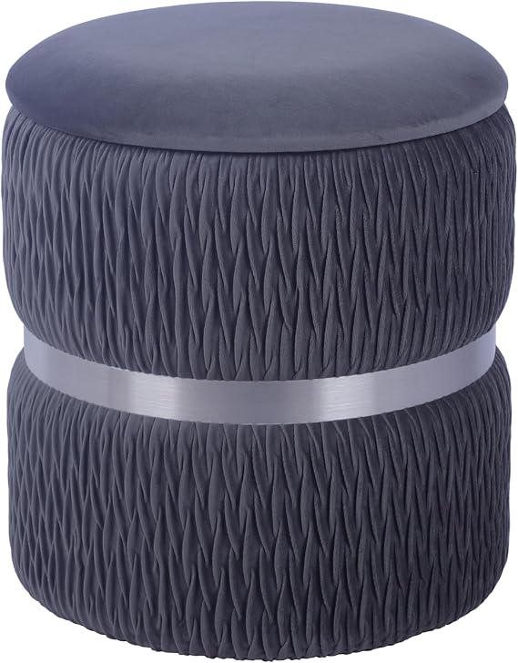 Velvet Round Ottoman with Storage, Footrest or Modern Storage Ottoman with Silver Accent for Living Room Decor or Bedroom Decor, Grey