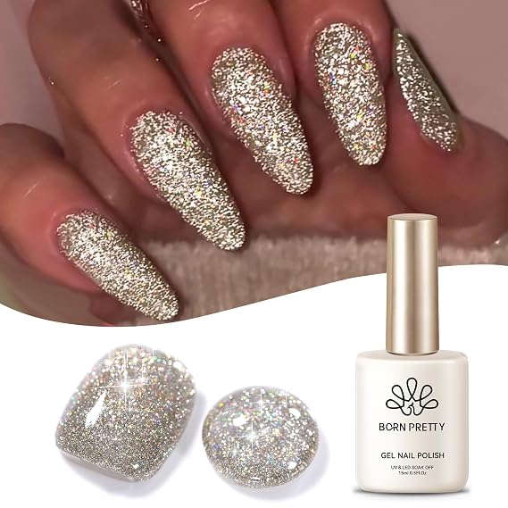 Born Pretty Champagne Gold Reflective Glitter Gel Nail Polish Set for Christmas Nails Holographic Sparkle Glitter Gel Flash Soak Off Manicure Kit Gift