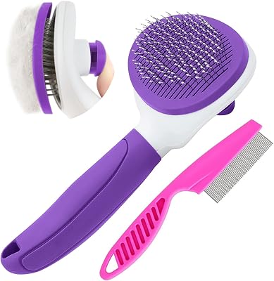 Cat Brushes for Indoor Cats, Dog Brush for Shedding with Metal Cat Comb, Self Cleaning Pet Hair Brush with Release Button for Grooming KittenPurple