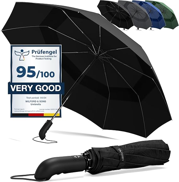 W&S Umbrella Windproof Strong Compact, Storm Proof Frame Auto Open Close
