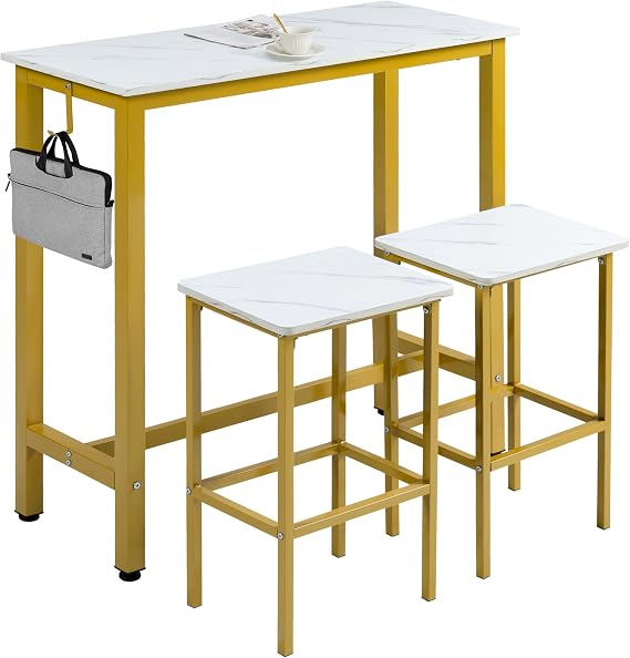 Finnhomy Bar Table Set, 39.3" Pub Table High Top Table, Rectangular Bar Height Table, Bar Table with Stools, Kitchen Table Set for 2, Industrial Breakfast for Kitchen, Living Room, Gold