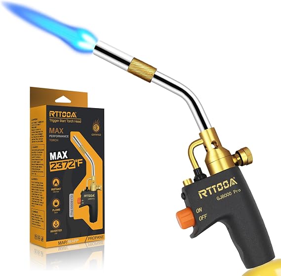 RTTOOA Propane Torch Head, GJ-8000pro High Intensity Torch Head, Trigger Start Gas Torch Kit for Propane, Pencil Flame Welding Torch Fuel by Mapp/Map/Propane, Soldering, Cooking(CSA Certified)