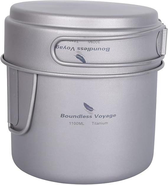 Boundless Voyage Camping Titanium Pot Pan Set with Folding Handles Outdoor Picnic Hiking Bowl Plate Mess Kit Tableware Cookware Ti2053C