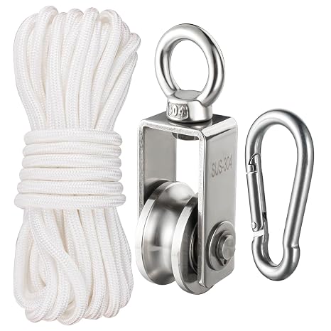 Cable Pulley Block Heavy Duty Stainless Steel, Bearing Inside with 32ft Nylon Rope and 1 Hook,Swivel Single Pulley Wheel,Good for Pulley Lifing System,Loading 551lb