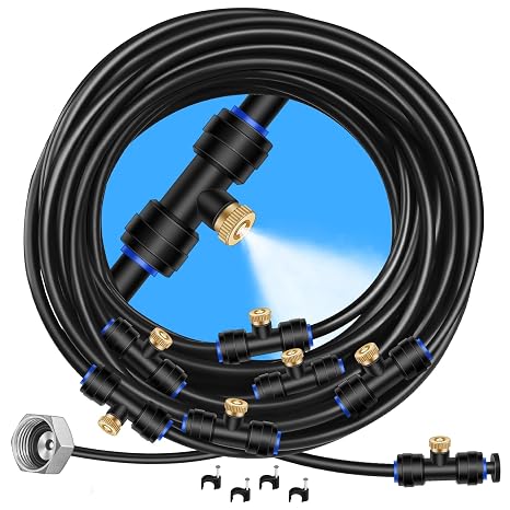 GOXAWEE Misting System, 75FT (23M) Misting Line + 28 Brass Mist Nozzles + Brass Adapter(3/4"), Misters for Outside Patio Cooling Outdoor Garden Greenhouse Trampoline for Waterpark