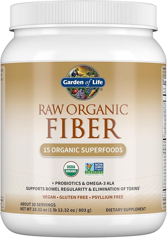 Garden of Life Raw Fiber, Organic Unflavored Fiber Powder, 30 Servings | 15 Organic Superfoods, Probiotics, Omega-3 ALA, Soluble and Insoluble, Psyllium Husk Free