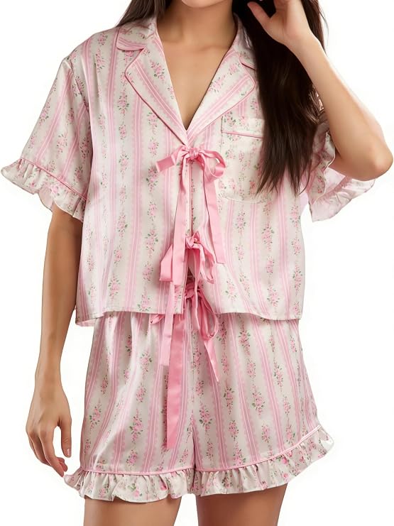 Yiulangde Women Cute Bow Tie Front Pajamas Y2k Printed Pjs 2 Piece Outfits Short Sleeve Pj Shirt and Lounge Boxer Shorts Sets