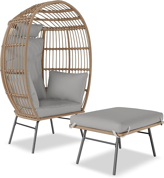 Hipicute Wicker Egg Chair Outdoor with Ottoman, Oversized Rattan Patio Lounge Chairs with Thick Cushion for Backyard Living Room, 440LBs Egg-Shape Lounge Chair w/Steel Frame for Indoor/Outdoor, Grey