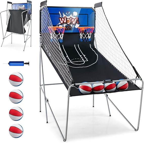 GYMAX Arcade Basketball Game Indoor Foldable with 8 Game Modes, Arcade Sound, 4 Balls and Inflation Pump, Electronic Basketball Games for Home
