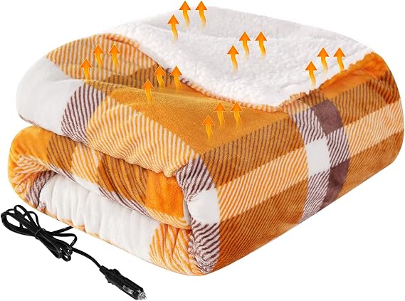 Westinghouse Heated Car Throw, Machine Washable, 59x43 Orange Buffalo Plaid