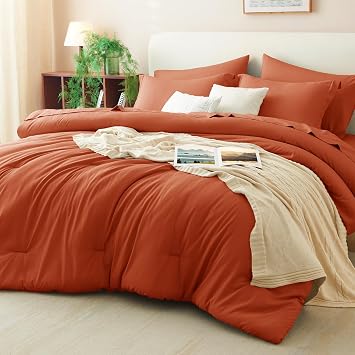 CozyLux Queen Comforter Set Burnt Orange, 7 Pieces Fall Bed in a Bag Queen Comforter Set with Sheets, Terracotta Luxury Soft Bedding Sets with Down Alternative Comforter, Sheets, Pillowcases & Shams