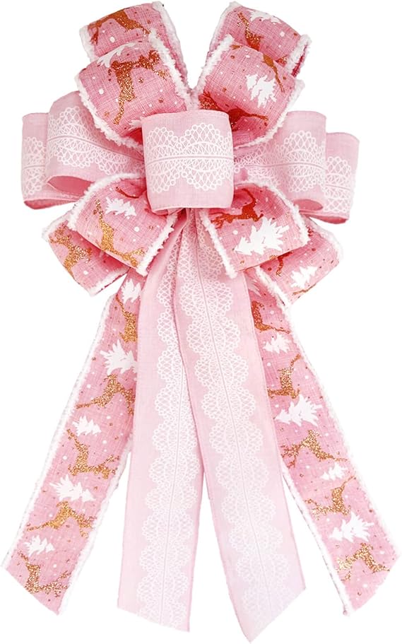 SONGTIY Christmas Tree Topper Bows, Large Handmade Bowknot Xmas Decoration | 21.3x11.1 Inches Pink Bow with Christmas Tree And Reindeer Design, for Wedding, Birthday, New Year, Holiday Party Decor