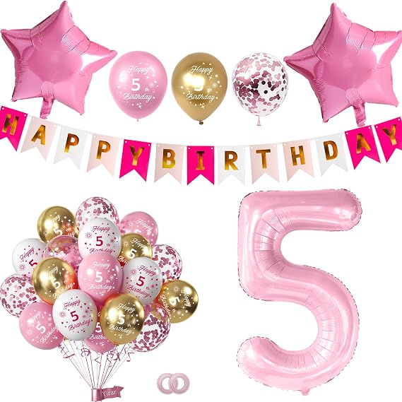 Pink 5th Birthday Decorations for Girls Including Happy Birthday Banner, Number 5 Foil Balloon, 2pcs Star Balloons and 16pcs Happy 5th Birthday Confetti Latex Balloons, Girl Birthday Party Favors