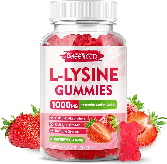 L-Lysine 1000mg Gummies, Lysine Supplement for Adults & Kids, Essential Amino Acid Supplement for Oral & Lips Health, Boost Immune & Calcium & Collagen, Sugar-Free, Strawberry Flavor, 60 Count