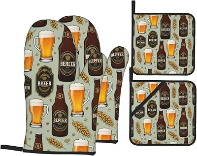 ZhongGuo Oven Mitts and Pot Holders Sets,Beer Print Heat Resistant Gloves for Cooking BBQ 4pcs Hot Pads Oven Mitts for Kitchen