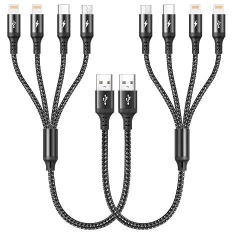 RULUS Short Multi Charging Cable [2Pack/35CM] Multi USB Cable 4 in 1 Multi Charger Fast Charger Cord Braided Universal USB Charger Cable with IP/Type C/Micro USB Port for Cell Phones Tablets & More