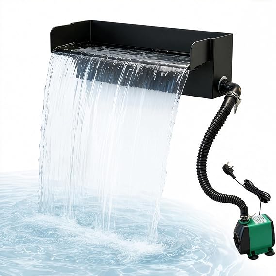 Waterfall Spillway Kit with Pump and & LED Light, 30cm (12") Fountain Box 45W 790 GPH Pond Pump 3000L/H, Filter Bag, Hose, DIY Water Sheet Feature for Garden Pond Stream Patio