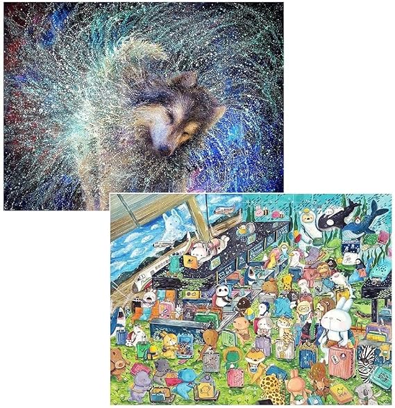 Pintoo Two Plastic Jigsaw Puzzles Bundle - 1200 Piece - Iris Scott - Shaking Husky and 1200 Piece - MiniHan - Let's Go Abroad [H3212+H3268]
