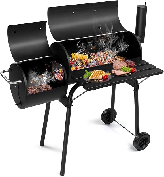 Outdoor Charcoal Grill Barbecue Grill with Offset Smoker, Large Cooking Area Charcoal Grills Griddle Grilling Tools for Camping BBQ Backyard Cooking, Grill Cover, Food Stand, 43.7 x 21.3 x 36.6 Inch
