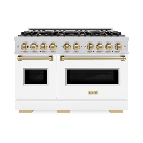 ZLINE Autograph Edition 48 in. 6.7 cu. ft. Classic Double Oven Dual Fuel Range with 8 Burner Gas Cooktop in Stainless Steel with White Matte Doors and Champagne Bronze Accents (CDRZ-WM-48-CB)
