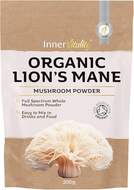 Organic Lions Mane Mushroom Powder 200g - High Strength Full Spectrum Fruiting Body Mushroom Supplement to Support Brain & Mental Performance by Inner Vitality (Large)