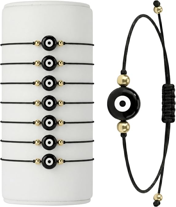 BCS Evil Eye Bracelets Adjustable String Amulet for Women Men Authentic Turkish Handmade Glass Bead Good Luck Protection Charm One Size Fits All (8 Pieces)