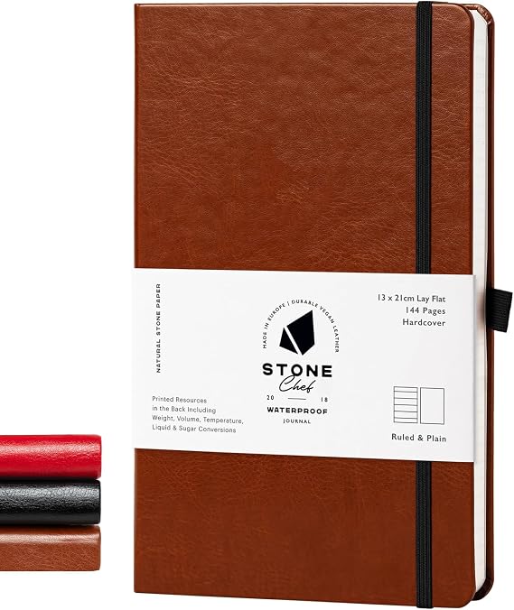 Stone Journal Chef Notebook – Tan Brown 13 × 21 cm Waterproof Paper, 144 Pages, Half Lined & Half Blank, Vegan Leather Hardcover, Kitchen Conversions, Premium Recipe Book