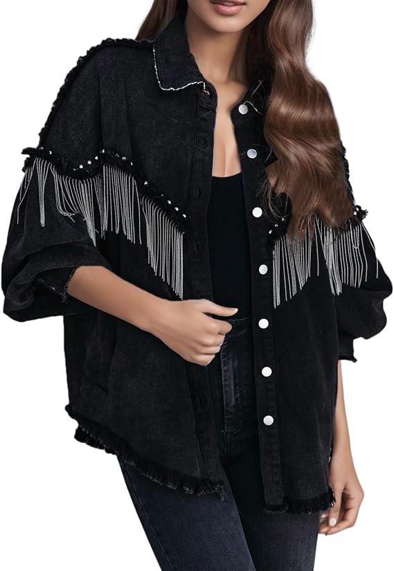 Spring Jacket Women - Women's Loose Fit Denim Jacket with Decorative Tassels and Front Button Closure for Everyday Casual Style