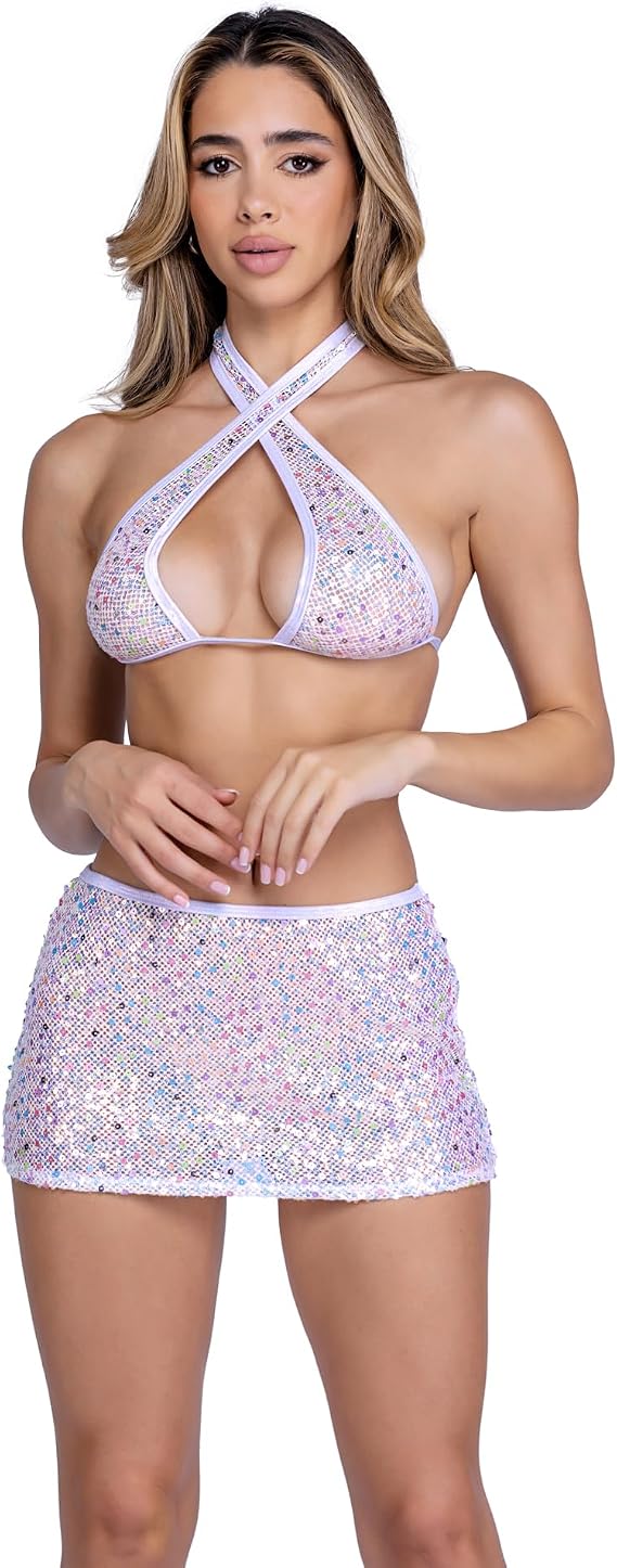 Roma Rave/Festival Sequin Fishnet Criss-Cross Top **Sequin TOP ONLY White