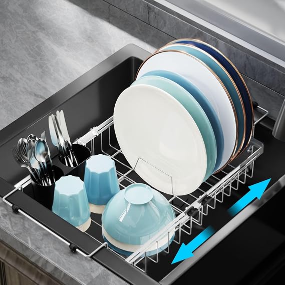GSlife Dish Drying Rack Over the Sink - Expandable Stainless Steel Dish Drainer for Small Kitchen Apartment, Space Saving Sink Rack with Secure Lock Knob and Utensil Holder, Silver