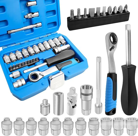 29PCS Pass Through Socket Set, 1/4" Drive Go-Thru Ratchet Kit